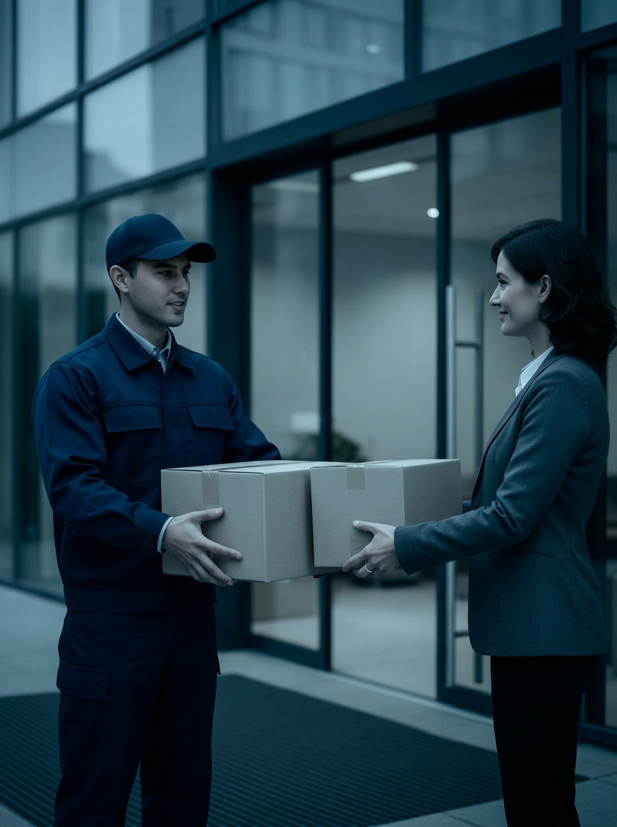 Entrega de productos de Suvall Four: courier haciendo handoff a cliente corporativo